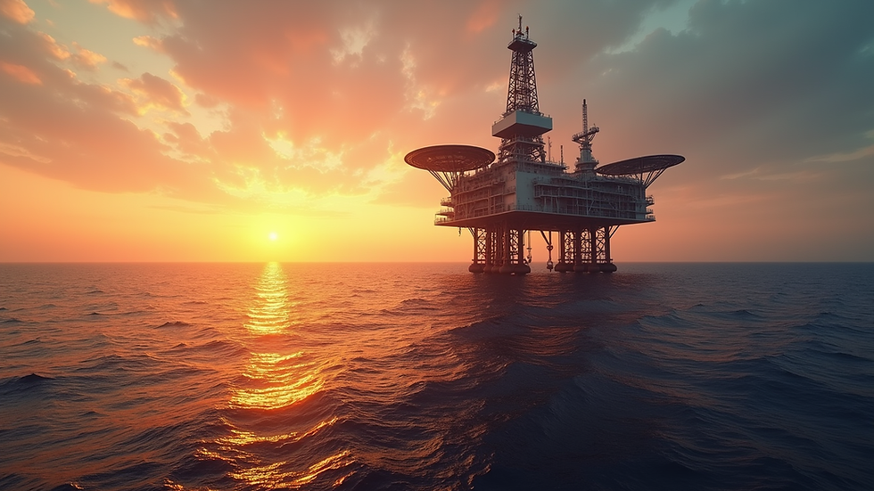 Eye-level view of a modern oil rig platform at sunset