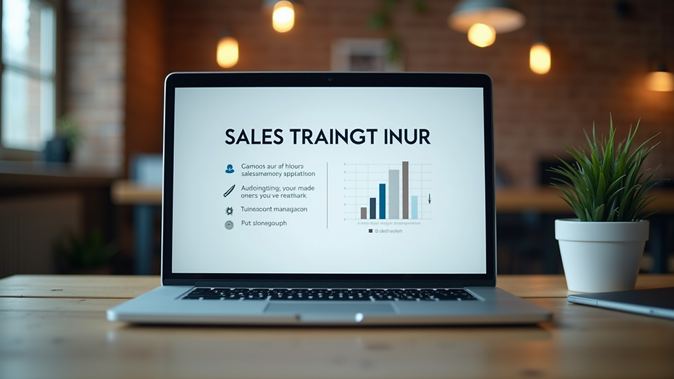 Eye-level view of a laptop displaying an online sales training module