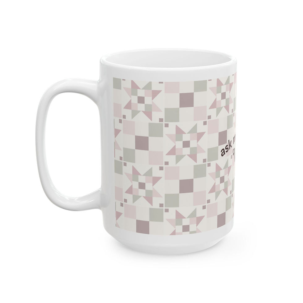 Thumbnail: Ceramic Mug – "Ask Me About my WIP" Patchwork Design (11oz & 15oz)