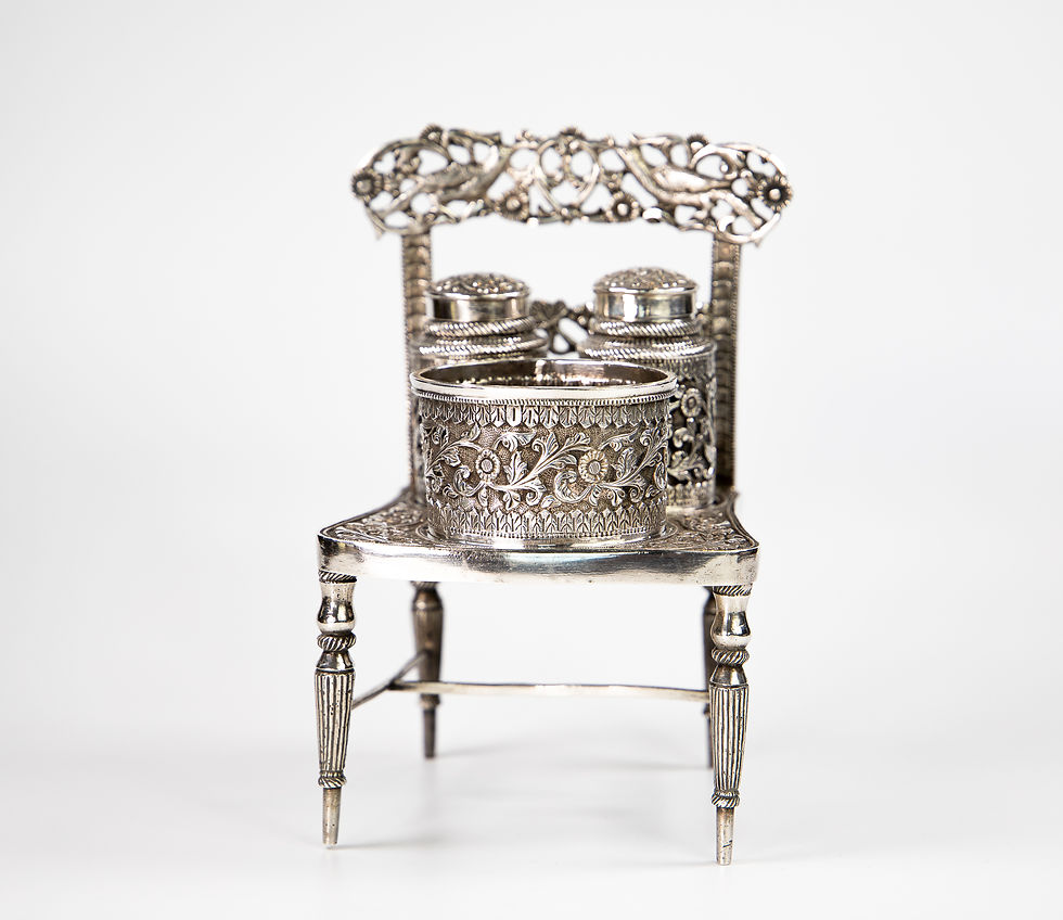 Thumbnail: Anglo Indian Colonial Silver Condiment Set Of Chair Kutch 1910 412 gms