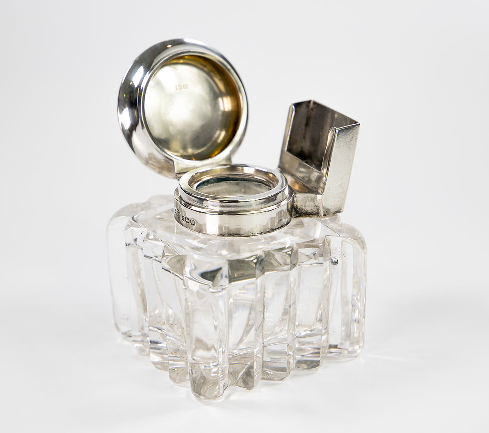 Thumbnail: Silver & Cut Glass Inkwell with Silver Match Holder 1911