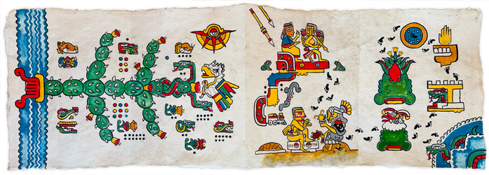 "A Nomad Family" chronicles my family's journey using indigenous visual language. The first section presents our family tree as a nopal cactus, displaying names and surnames according to the Tonalpohualli, the sacred 260-day indigenous calendar. This grounds our story in ancestral cosmology. The following sections, inspired by the Boturini Codex which documented the Mexica migration to Aztlan, trace my great-grandparents fleeing the Mexican Revolution from Guanajuato to Mexico City, then my grandparents raising their family across various Mexico City neighborhoods, Estado de Mexico towns, and even Cancún. Through toponymic glyphs (the traditional method of representing places) I show how home shifted yet remained rooted in family and culture across generations.