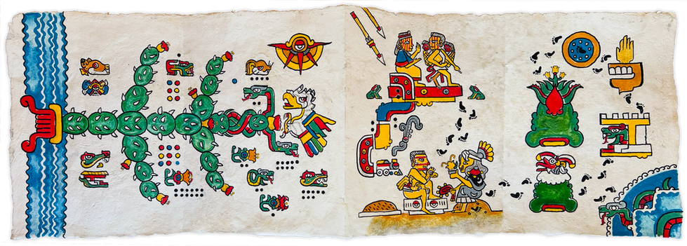 "A Nomad Family" chronicles my family's journey using indigenous visual language. The first section presents our family tree as a nopal cactus, displaying names and surnames according to the Tonalpohualli, the sacred 260-day indigenous calendar. This grounds our story in ancestral cosmology. The following sections, inspired by the Boturini Codex which documented the Mexica migration to Aztlan, trace my great-grandparents fleeing the Mexican Revolution from Guanajuato to Mexico City, then my grandparents raising their family across various Mexico City neighborhoods, Estado de Mexico towns, and even Cancún. Through toponymic glyphs (the traditional method of representing places) I show how home shifted yet remained rooted in family and culture across generations.