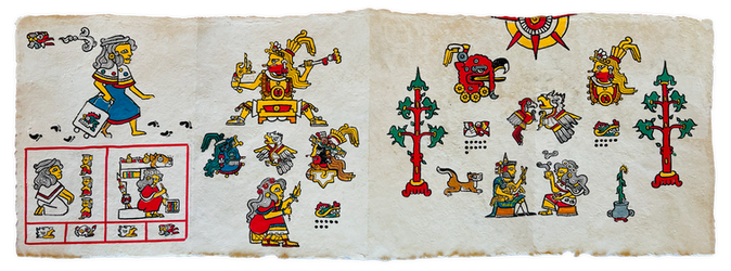 "A New Home" documents my personal immigrant journey in the Bay Area, completing the collection's arc from ancestral migration to individual experience. The opening page presents my arrival on a "grass" day symbolizing growth while maintaining roots, followed by two adventures that began on "eagle" days, representing vision and courage according to prehispanic cosmogony, showing my work as an au pair to three host girls and my studies at De Anza College in film and animation. The cycle closes with "death" marking transformation and "wind" representing the freedom and knowledge gained. The second page features a self-portrait with my regent deities according to the Tonalpohualli: Tonacatecuhtli (Lord of Our Sustenance), Quetzalcoatl (the Feathered Serpent, god of knowledge), and Tlaloc (god of rain and fertility), revealing the spiritual forces that guide my tonalli, the animating life force assigned at birth. The final pages depict my husband and me between towering redwoods, representing couple number 19 from the Borgia Codex, with him wearing a kilt honoring his Scottish heritage, surrounded by our regent deities, tonalli symbology, and our dog. This union symbolizes the coming together of families and cultures creating a new home where our traditions intertwine.