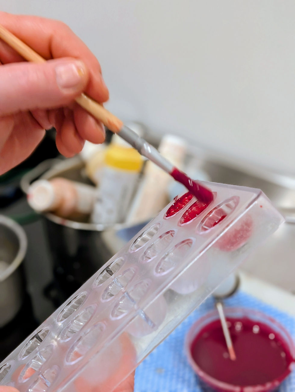 High angle view of a small chocolate workshop with artisan tools