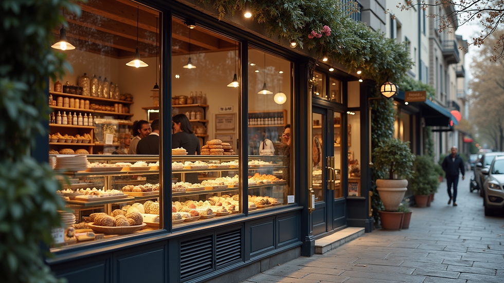 Eye-level view of a cozy artisanal bakery storefront