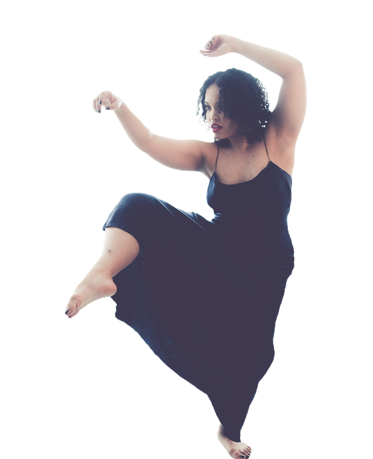 mixed race female in dancing pose, arms above head looking out diagonally 