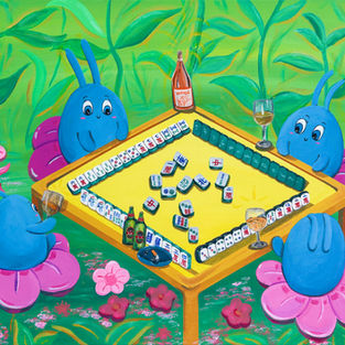 Super cool, whimsical, colorful, playful painting of cute characters playing Mahjong by Rosalie Grubb.