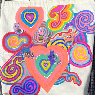 Colorful trippy world of whimsy on tote bag by Rosalie Grubb