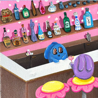 Mini acrylic painting featuring whimsical monsters with flower-shaped barstools, colorful bottles, and a small lucky cat in the corner, in a bright playful style.
