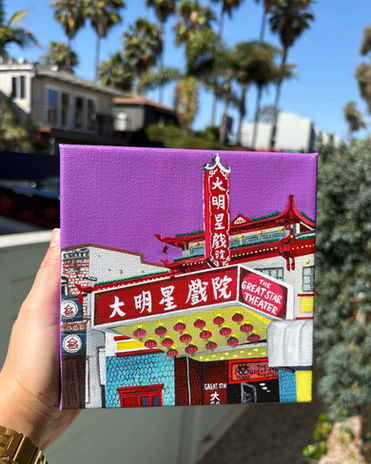 Mini acrylic painting on canvas inspired by San Francisco’s Chinatown, featuring glowing red lanterns, neon signs, colorful storefronts, and a dreamy nighttime atmosphere influenced by Chinese street scenes and travel photography.