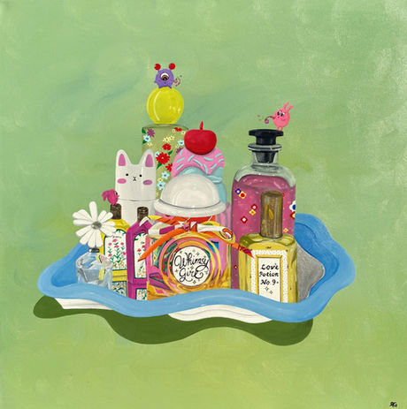 Colorful still life painting of whimsical perfume bottles arranged on a tray, each styled as a magical potion with playful patterns and bright pastel tones. Small, one-of-a-kind cartoon monsters sit among the bottles, adding personality and charm to the imaginative, feminine composition.