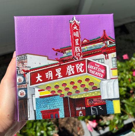 Mini acrylic painting on canvas inspired by San Francisco’s Chinatown, featuring glowing red lanterns, neon signs, colorful storefronts, and a dreamy nighttime atmosphere influenced by Chinese street scenes and travel photography.