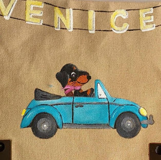 Cute dog driving under Venice sign  by Rosalie Grubb