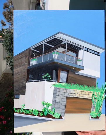 A colorful mixed media portrait of a California home featuring vibrant acrylic painting and hand-sculpted polymer clay plants that extend from the canvas, creating a three-dimensional celebration of the homeowner's lush garden and unique personality.