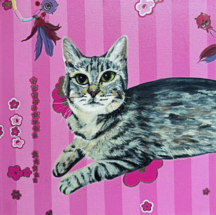 Custom cat portrait painting of gray tabby on pink floral background with whimsical monster toy elements, colorful hand painted pet portrait artwork with flowers and playful details