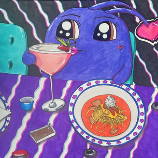 cute colorful surreal character with cocktail by Rosalie Grubb