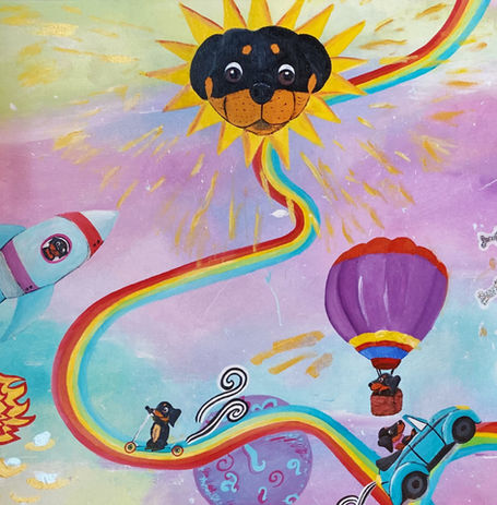 Colorful whimsical painting Violet World by Venice Beach artist Rosalie Grubb, depicting a joyful Rottweiler world with a Rottweiler sun, Rottweilers in space, and dogs traveling in imaginative vehicles.