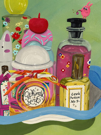 Colorful still life painting of whimsical perfume bottles arranged on a tray, each styled as a magical potion with playful patterns and bright pastel tones. Small, one-of-a-kind cartoon monsters sit among the bottles, adding personality and charm to the imaginative, feminine composition.