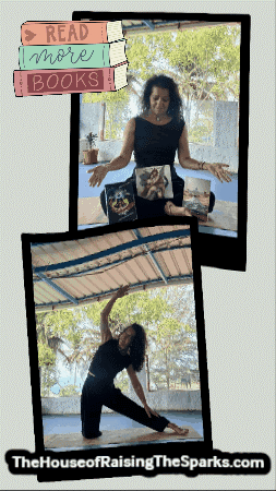 Serena Jade in a yoga pose with her authored books.