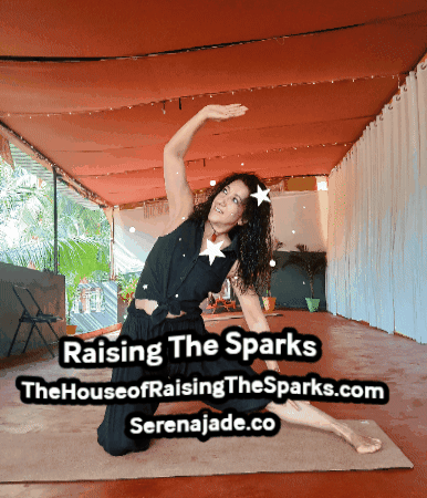  Serena Jade in a serene gate pose inside a tranquil yoga shala, embodying the transformation of Raising the Sparks.