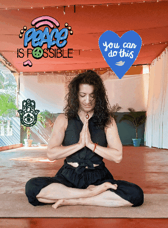 "Serena meditating in a serene yoga shala, radiating peace and centeredness with a Hamsa symbol nearby." 