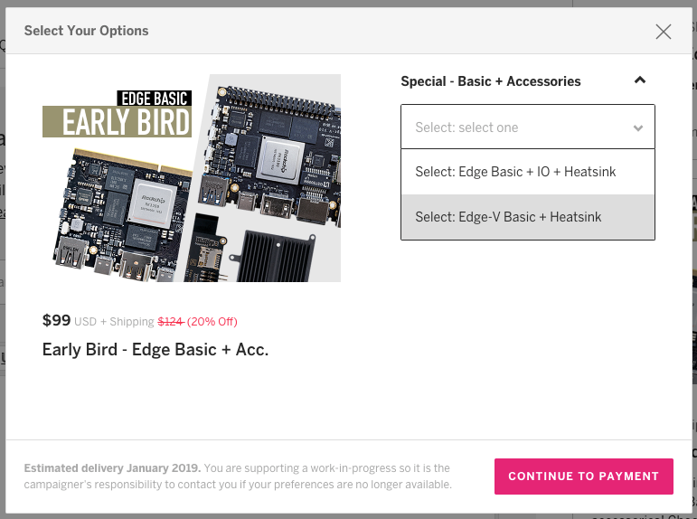 Early Bird Tiers will include a free Edge-IO & Edge-Heatsink when you select an Edge or Edge-1S, and Edge-V models will come with an additional "New VIMs Heatsink".