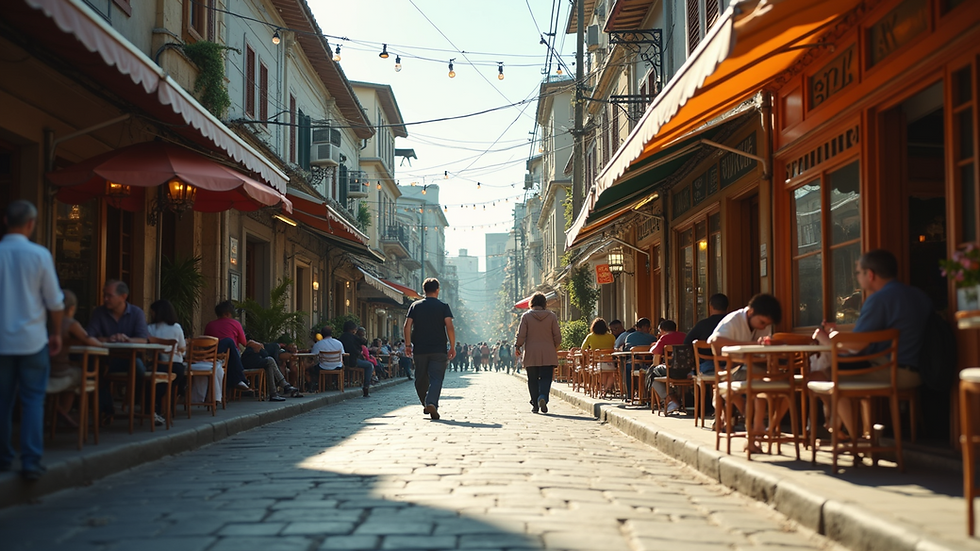Eye-level view of a vibrant neighborhood street with local shops and cafes