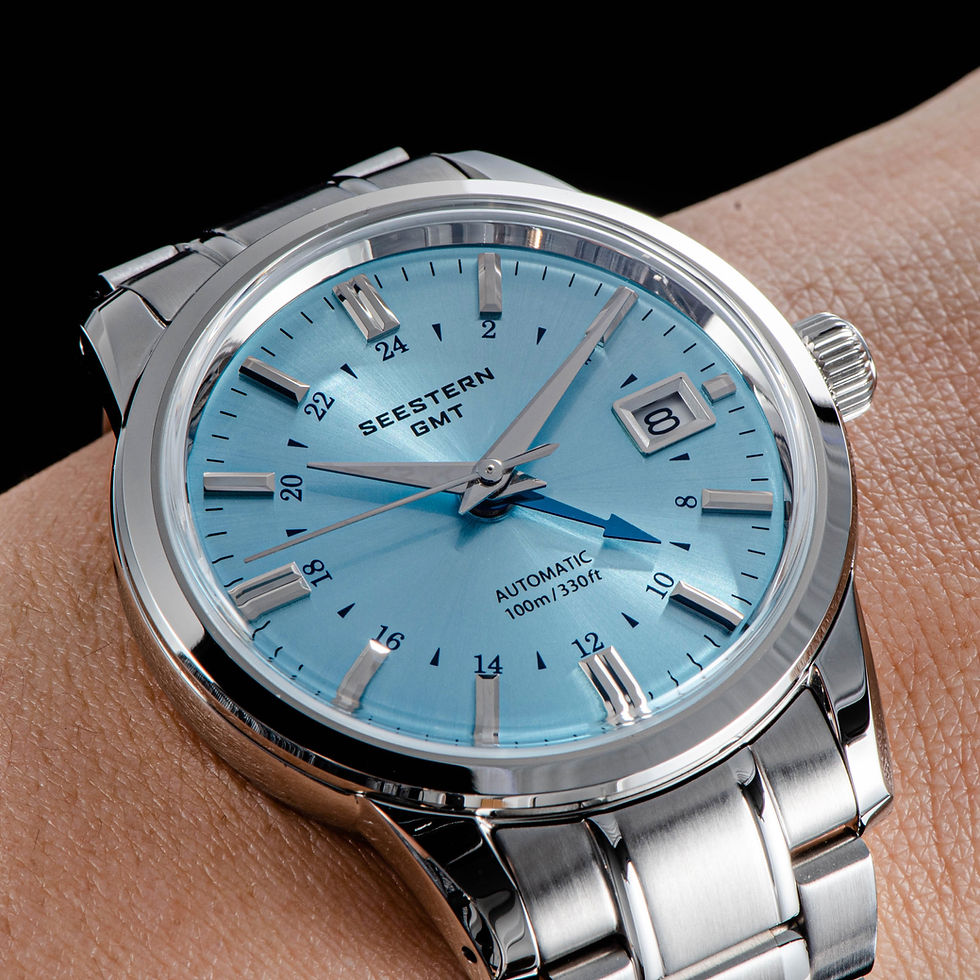 Thumbnail: SEESTERN GMT, NH34, Light Blue, Domed Sapphire Crystal, Bracelet and Leather