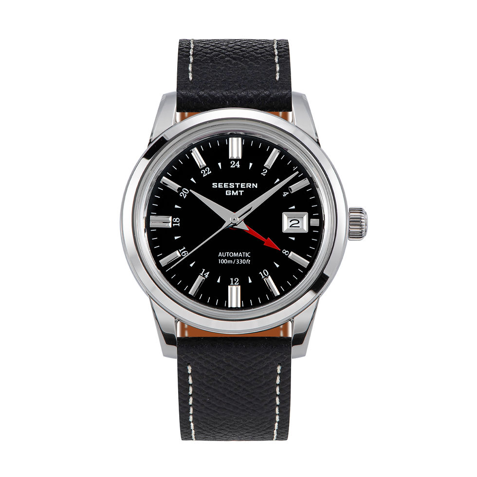 Thumbnail: SEESTERN GMT, NH34, Black, Domed Sapphire Crystal, Bracelet and Leather, BNIB