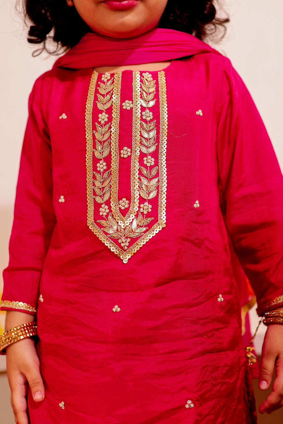 Thumbnail: Pink Muslin Hand Embroidered Gota Patti Work Kurti with beige Printed Sharara