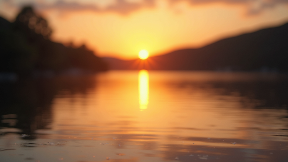 Close-up view of a serene sunset over a calm lake