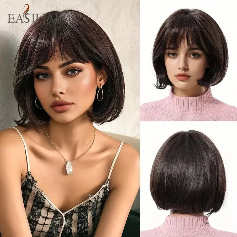 Thumbnail: EASIHAIR Synthetic Wigs for Women Ombre Brown Blonde Wigs With Bangs Layered