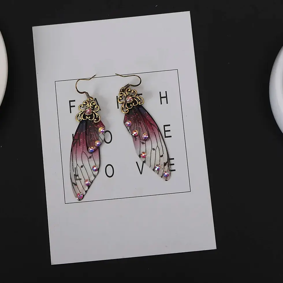 Thumbnail: Insect Butterfly Wing Drop Earrings Foil Rhinestone Earrings