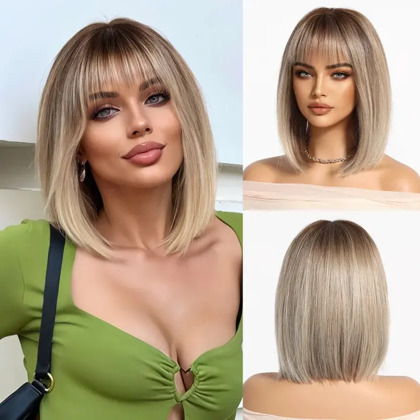 Thumbnail: EASIHAIR Synthetic Wigs for Women Ombre Brown Blonde Wigs With Bangs Layered