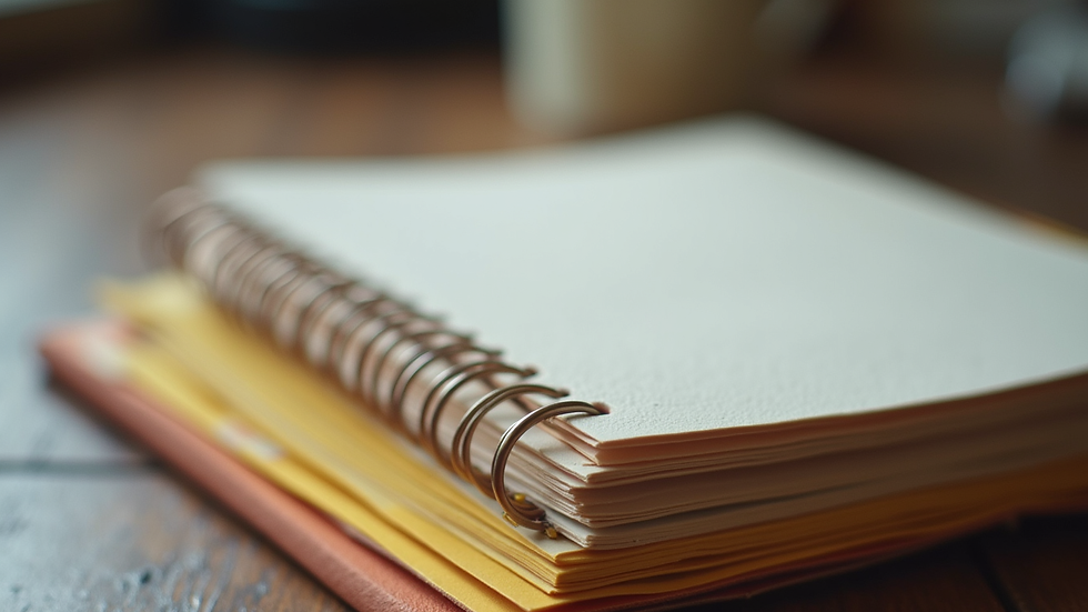 Eye-level view of a journal with textured cover and colored section dividers