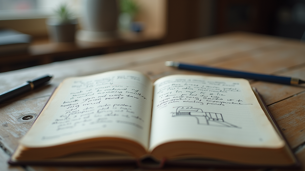 Eye-level view of a junk journal open to a page with handwritten notes and drawings