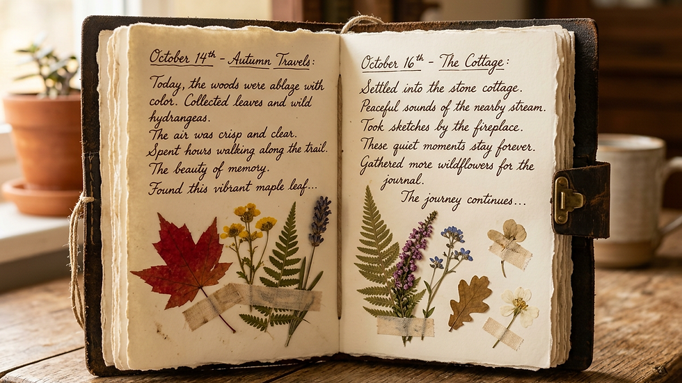 Eye-level view of a vintage journal page decorated with pressed flowers and handwritten notes