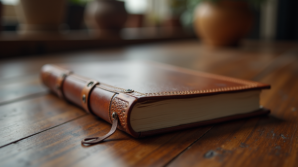 Close-up view of a leather-bound vintage-style journal on a wooden desk