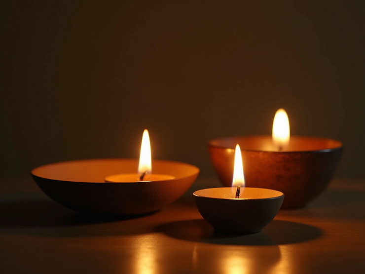 A golden candle glowing gently beside meditative crystal sound bowls on a peaceful altar.