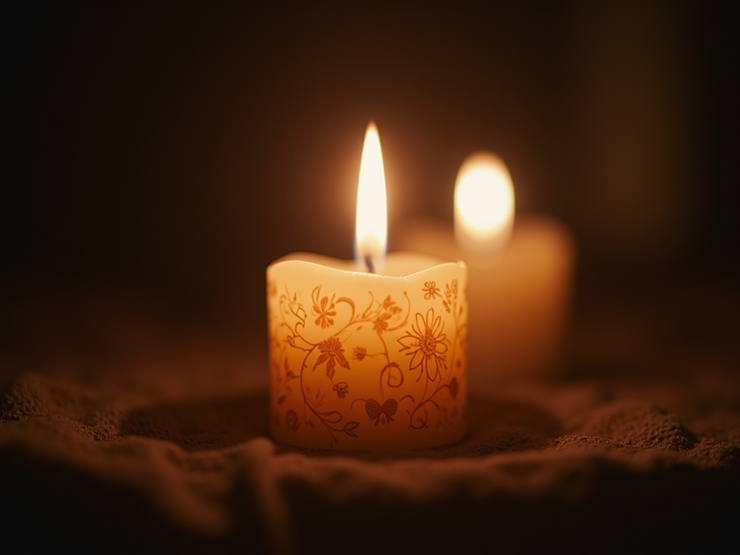 Intricate candle etching in a mystical and calming atmosphere for spiritual wellness.