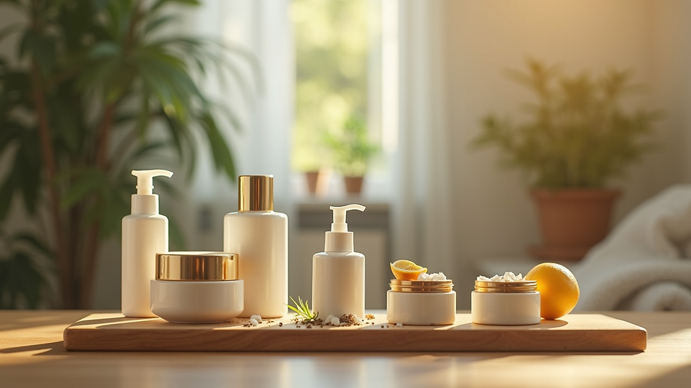 Vue en plongée d’un ensemble de produits cosmétiques naturels sur une table en bois