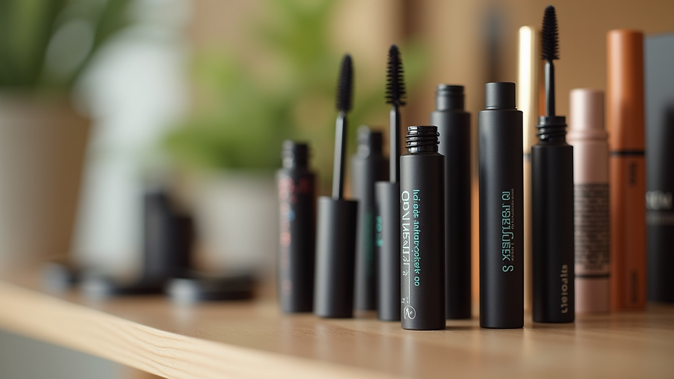 Eye-level view of a natural cosmetic display with various mascaras