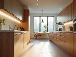 Modern kitchen with custom wood cabinetry, sleek countertops, under-cabinet lighting, and a large window bringing in natural light—showcasing functional and stylish built-in storage.