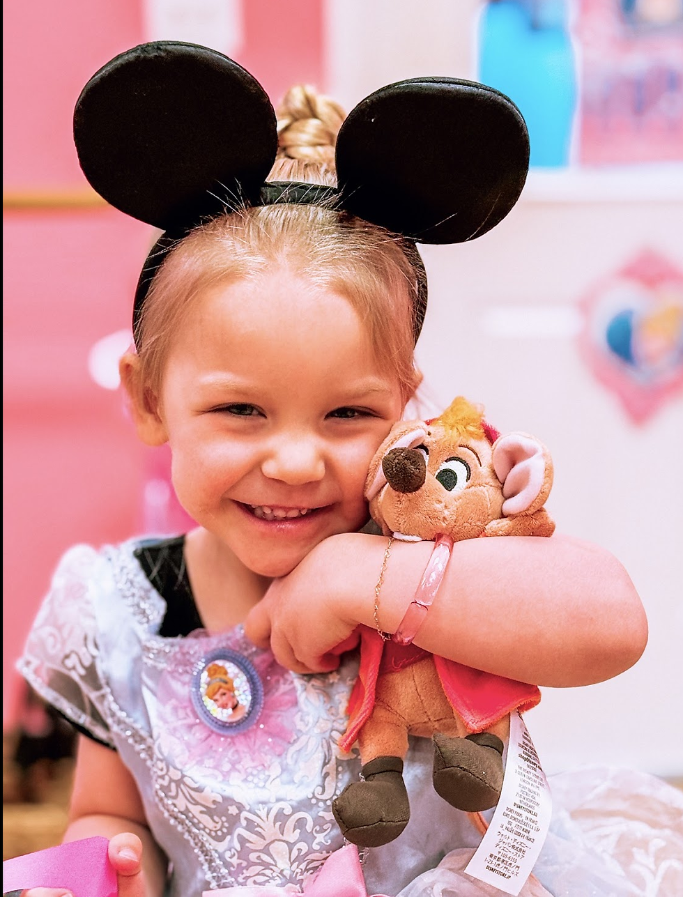 A girl wearing  a princess dress and mouse ears smiles while hugging a stuffed mouse