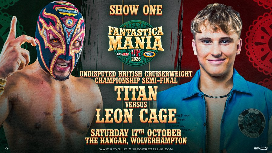 Wrestling poster: masked Titan vs Leon Cage, Show One Fantastica Mania 2026, Saturday 17th October at The Hangar, Wolverhampton
