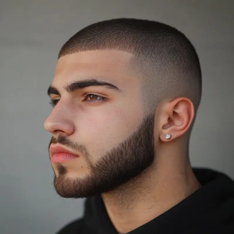 Profilo di un giovane uomo con un taglio di capelli rasato a zero e barba ben definita