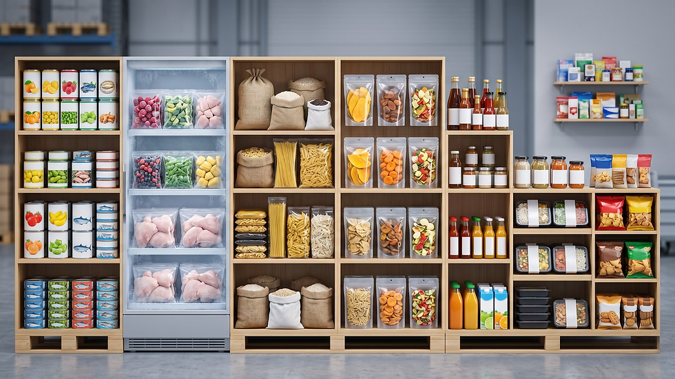 KHUMSUB Food Trading product portfolio showcasing diverse retail food products including canned goods, grains, pasta, beverages, and frozen chicken