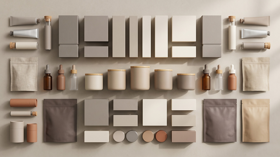 Assorted eco-friendly containers in neutral shades, including boxes, jars, and pouches, neatly, prepared for private labeling and private label manufacturers. arranged on a beige background.