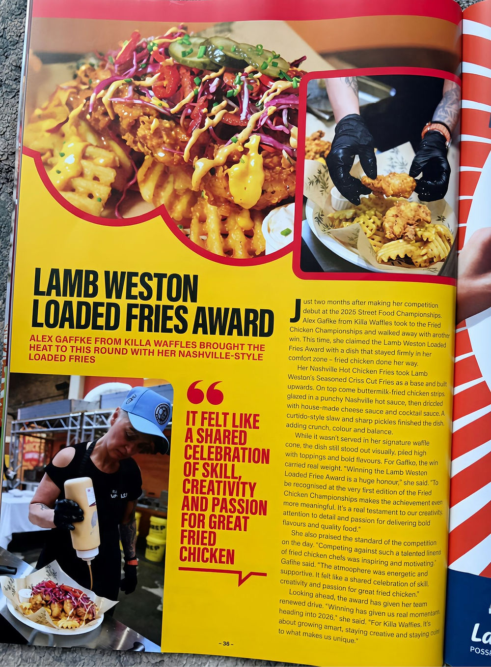 Magazine feature announcing Killa Waffles winning the Lamb Weston Loaded Fries Award at the Street Food Championships.